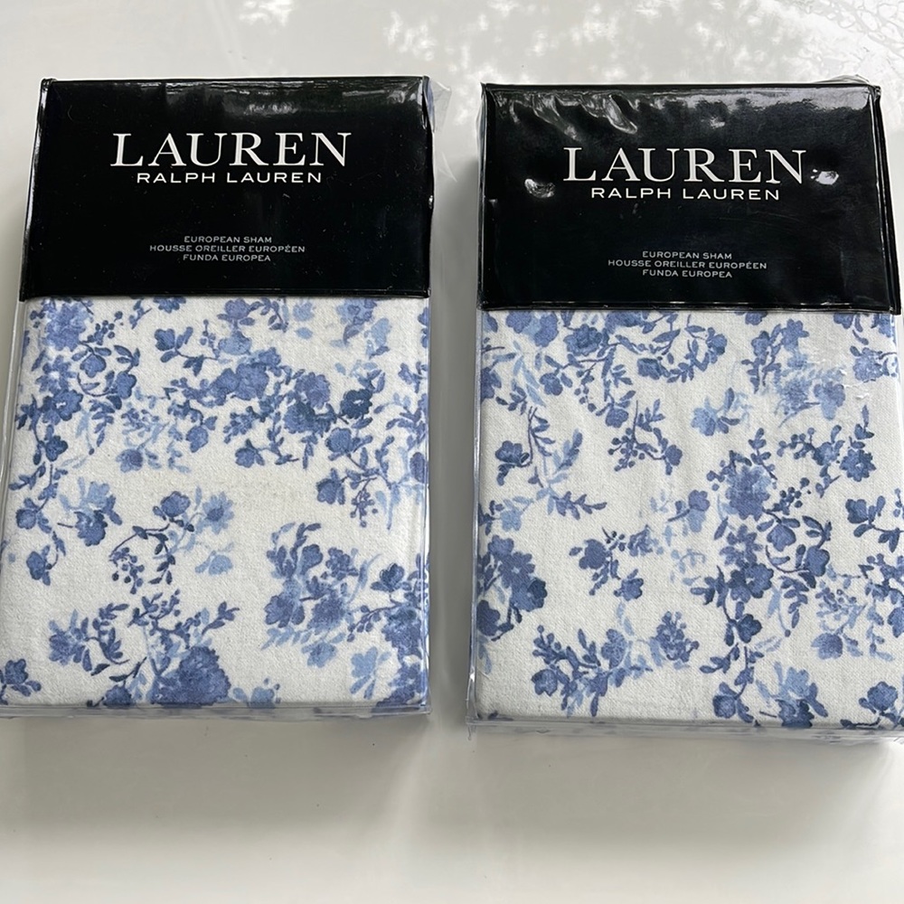 New Ralph Lauren Flannel Blue White Floral European Sham Set of 2. $270